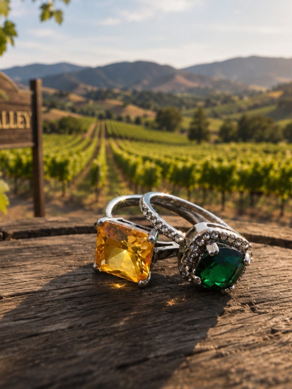 Yellow and Emerald Cocktail Rings - Silver Tone